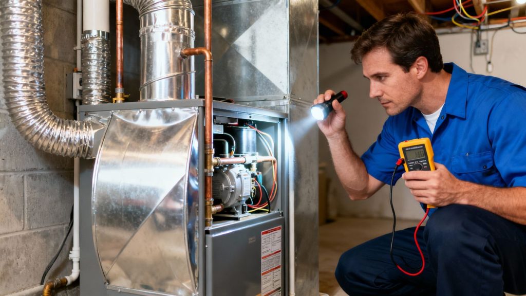HVAC technician performing furnace maintenance indoors.