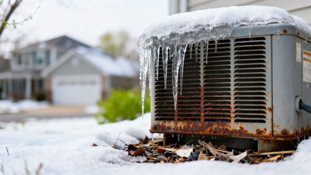 Outdoor HVAC unit with melting snow and icicles.