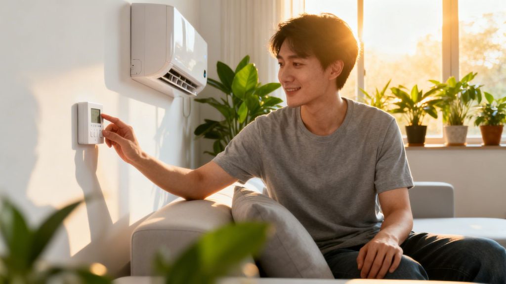 Person adjusting thermostat in a comfortable home.