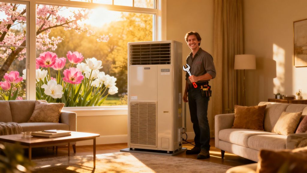 Homeowner saving money with HVAC maintenance in spring.
