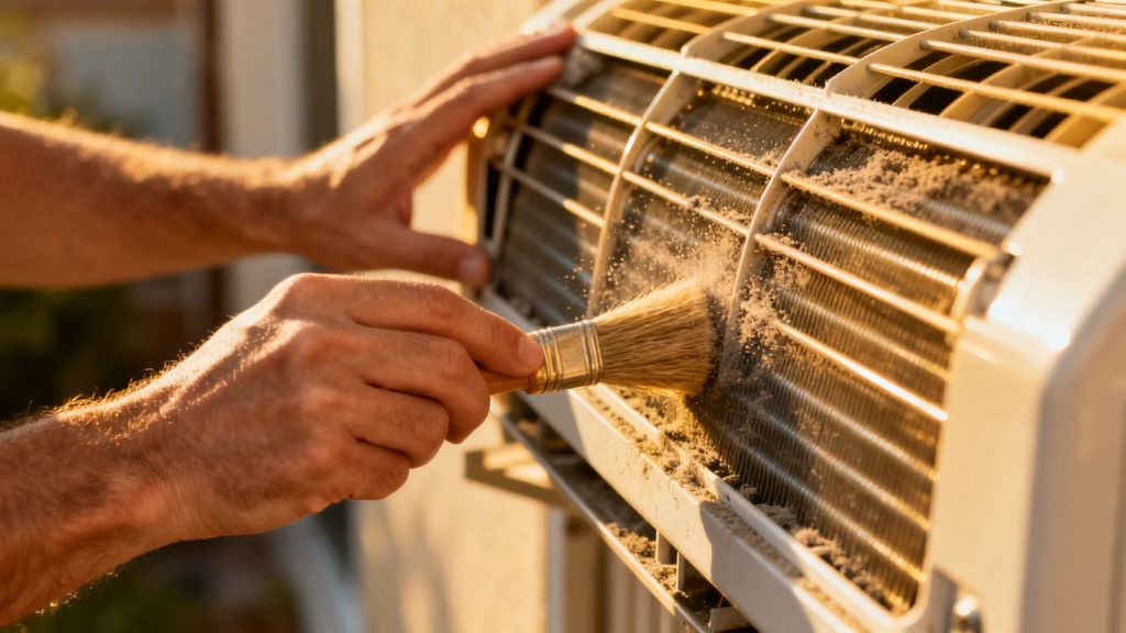 Hands cleaning an air conditioner's exterior fins with a brush.