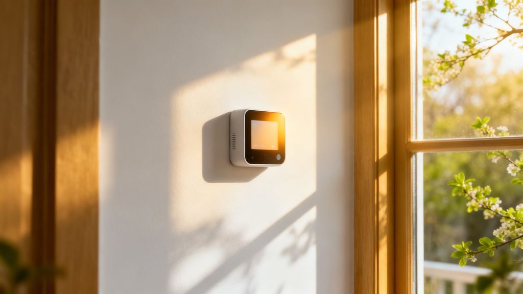 Modern smart thermostat on a wall with spring sunlight.