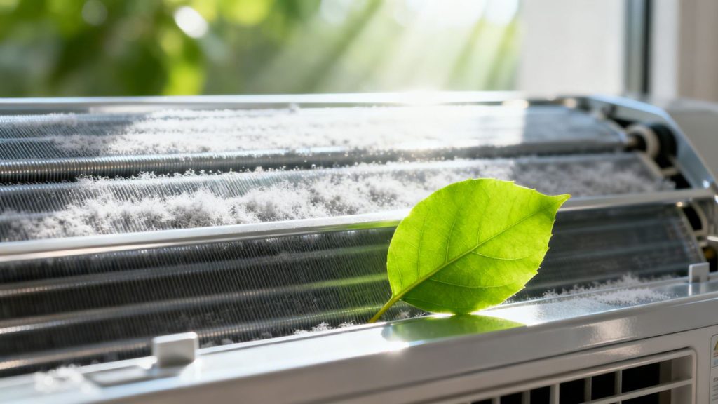 Clean HVAC unit with a green leaf, sunlight.
