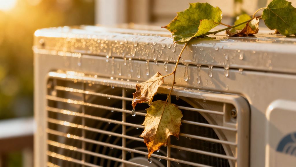 Air conditioner unit with condensation and leaves.