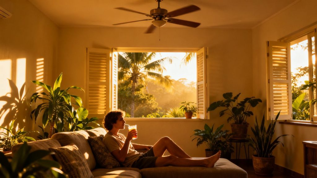 Cool home interior with fan and plants.
