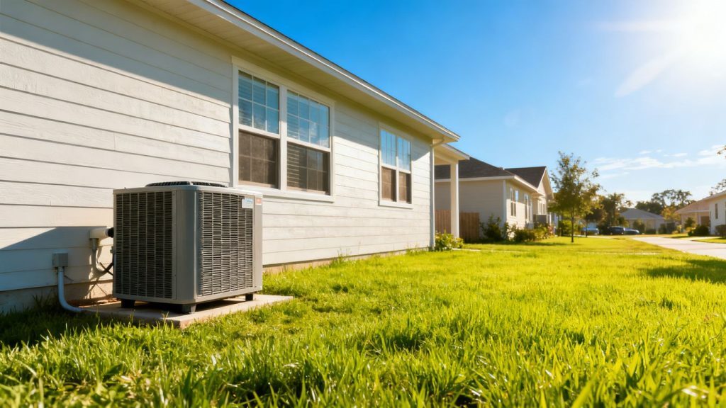 Air conditioner unit outside a house on a sunny day.