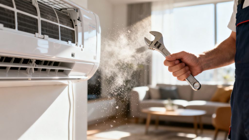 Air conditioner maintenance with technician and tools.
