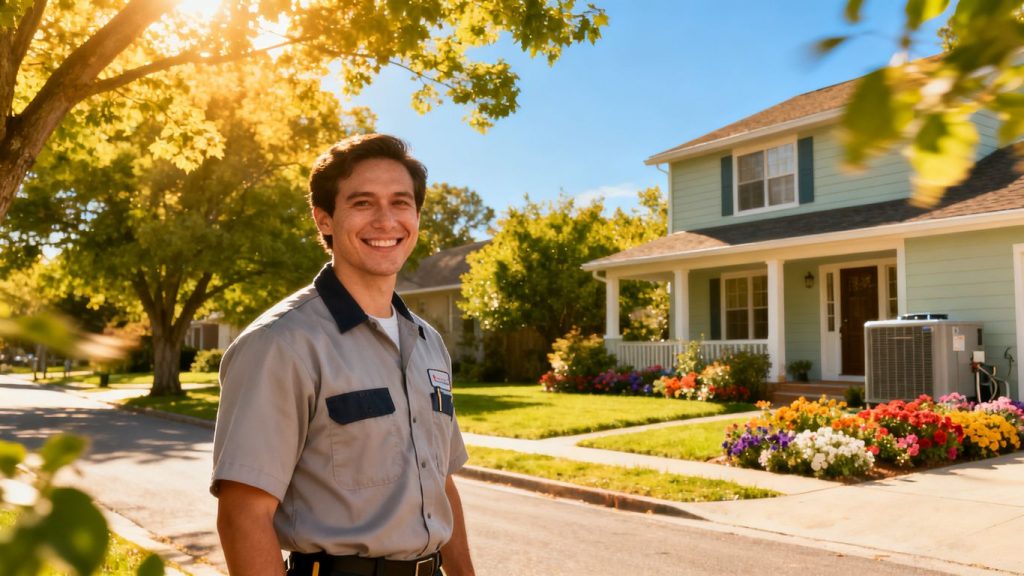 HVAC technician outside a house on a sunny day.