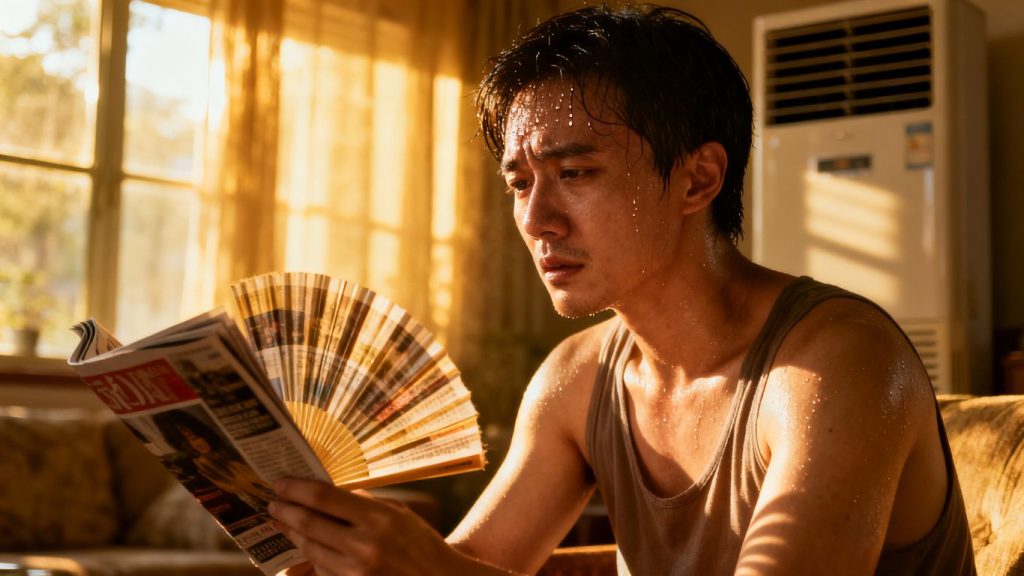 Person sweating in hot room with broken air conditioner.