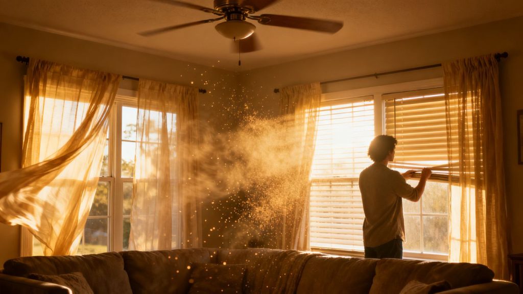 Home interior with sunlight and a ceiling fan.