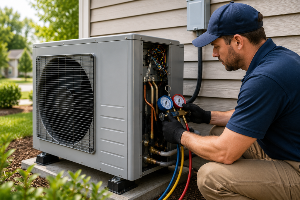 Technician inspecting a heat pump in Ringgold, GA